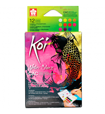 Aquarela em Pastilha KOI Sakura 12 Cores Metálicas e Neon