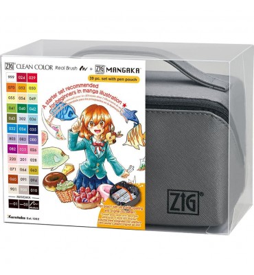 Estojo Caneta Kuretake Zig Real Brush + Mangaka c/39 Peças