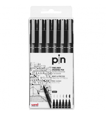 Estojo de Caneta Nanquim Uni Pin 200 Uni Ball 6 Pontas 