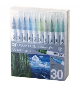 Estojo Caneta Kuretake Zig Clean Color Real Brush 30 Tons de Azul e Verde