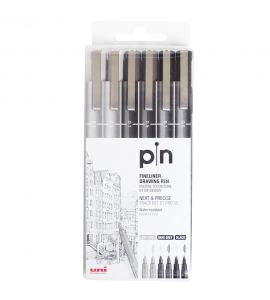 Estojo de Caneta Nanquim Uni Pin 200 Uni Ball 06 Pontas Cinza e Preto