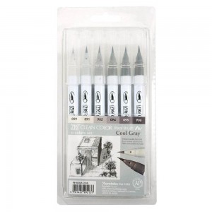 Estojo Caneta Kuretake Zig Clean Color Real Brush Cool Gray 6 Unidades